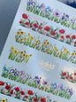 Décalcomanie d'eau pour ongles CF-603 | Décalcomanies d'eau pour ongles | Rayures de prairie florale – Coquelicots, marguerites et fleurs sauvages