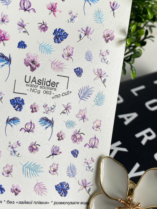Nagel-Wasserabziehbild NCg-063 | Wasserfolien-Nagelabziehbilder Tropische Blätter und Blumen | Rosa, Blau und Lila Akzente