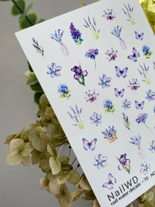 Nagel Wasserabziehbild 70 NailWD | Wassertransfer Nagelabziehbilder Lavendel & Schmetterlinge | Romantische Florale Kunst