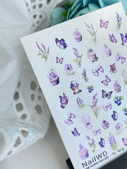 Nagel Wasserabziehbild 76 NailWD | Wasserfolien Nagelabziehbilder Cupcakes, Lavendel & Schmetterlinge | Süße Blumenkunst