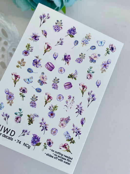 Nagel Wasserabziehbild 74 NailWD | Wasserfolien Nagelabziehbilder Lila Blumen & Macarons | Romantische Florale Kunst
