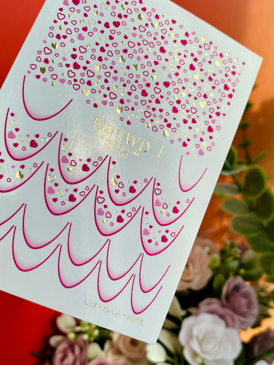 Nagel Water Decal 131 NailWD | Water Slide Nagel Decals Hartjes Frans | Roze & Goud Romantisch Ontwerp
