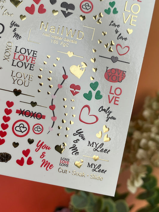 Calcomanía de agua para uñas 159 Nail WD | Calcomanías deslizantes de agua para uñas Letras de amor | Diseño de corazones de San Valentín para calcomanías de agua para uñas
