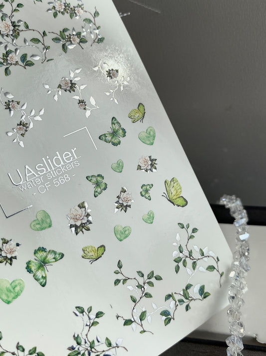 Nagel Wasserabziehbild CF-568 | Wasserabzieh-Nagelaufkleber mit grünen Schmetterlingen und weißen Blumen | Botanische Nagelkunst